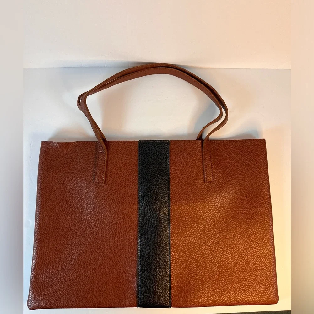 Vince‎ Camuto Brown Black Vegan Leather Tote Laptop Shoulder Bag College.